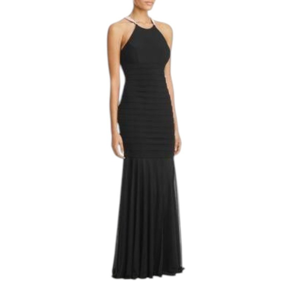 Aqua Banded‎ Halter Evening Dress 4